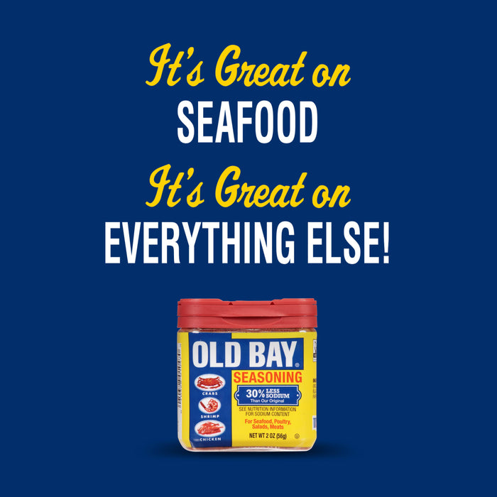 A yellow jar of Old Bay Seasoning with the tagline It\'s Great on Seafood, It\'s Great on Everything Else!
