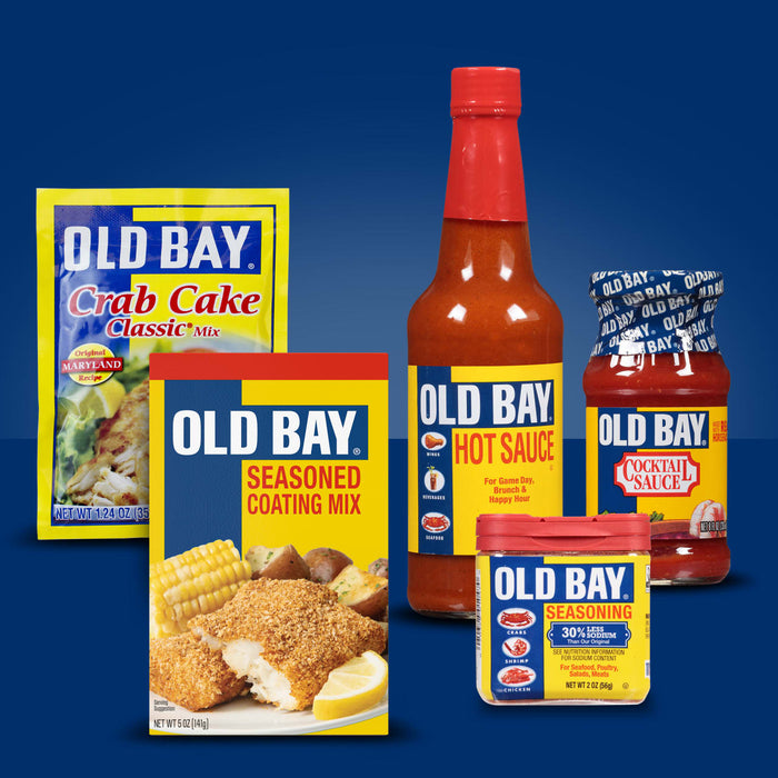 Old Bay brand products including crab cake mix, seasoned coating mix, hot sauce, cocktail sauce and seasoning.