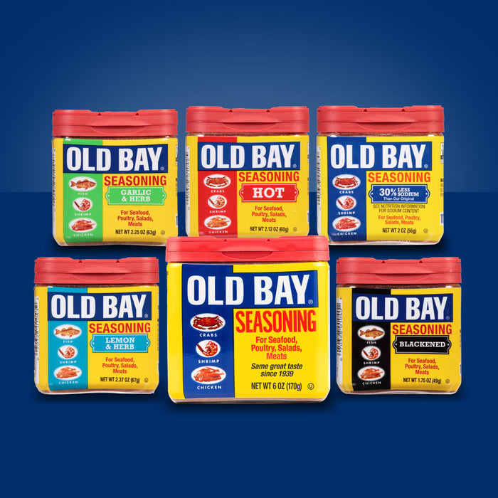Six different Old Bay seasoning containers are shown.