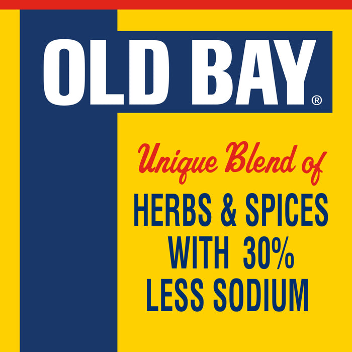 Old Bay logo with the tagline Unique Blend of Herbs &amp; Spices with 30% Less Sodium.