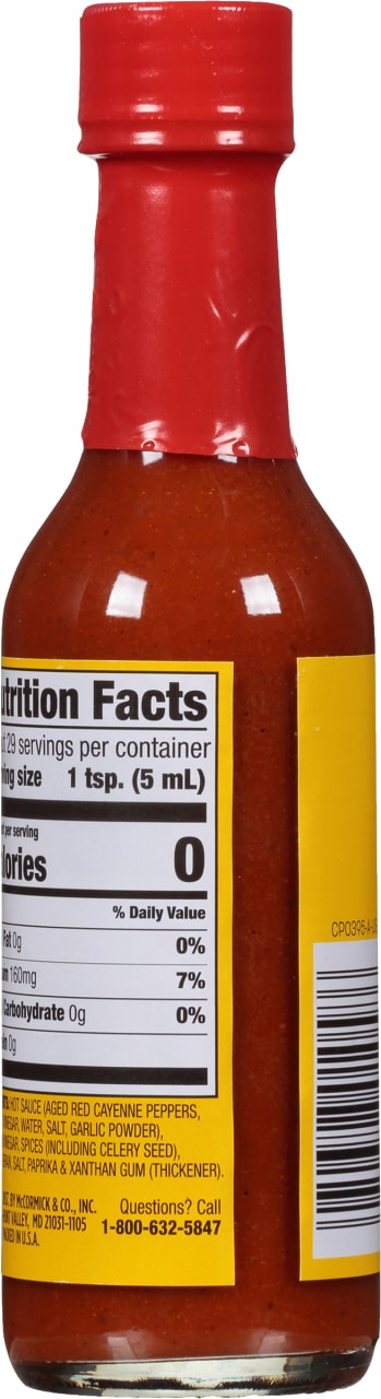 McCormick's Hot Sauce nutrition facts label with a red cap and bottle.