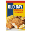 A box of Old Bay Seasoned Coating Mix with a serving suggestion of breaded fish corn on the cob and potatoes.