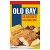 A box of Old Bay Seasoned Coating Mix with a serving suggestion of breaded fish corn on the cob and potatoes.