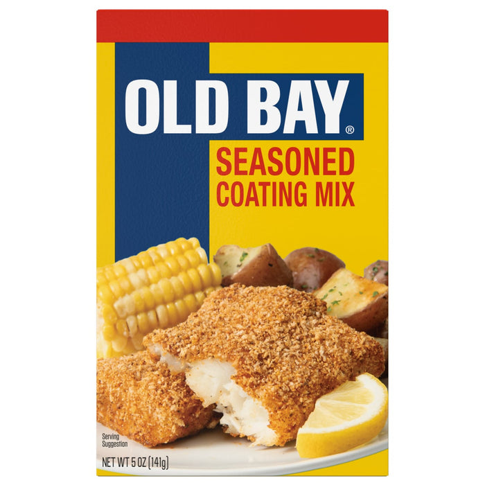 A box of Old Bay Seasoned Coating Mix with a serving suggestion of breaded fish corn on the cob and potatoes.