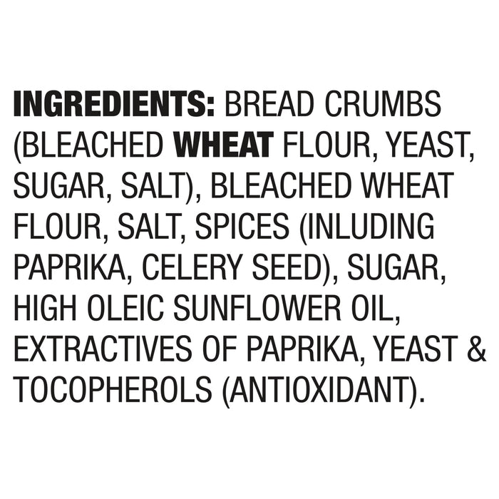 A list of ingredients for a product including bread crumbs wheat flour yeast sugar salt spices paprika celery seed high oleic sunflower oil extractives of paprika yeast and tocopherols.