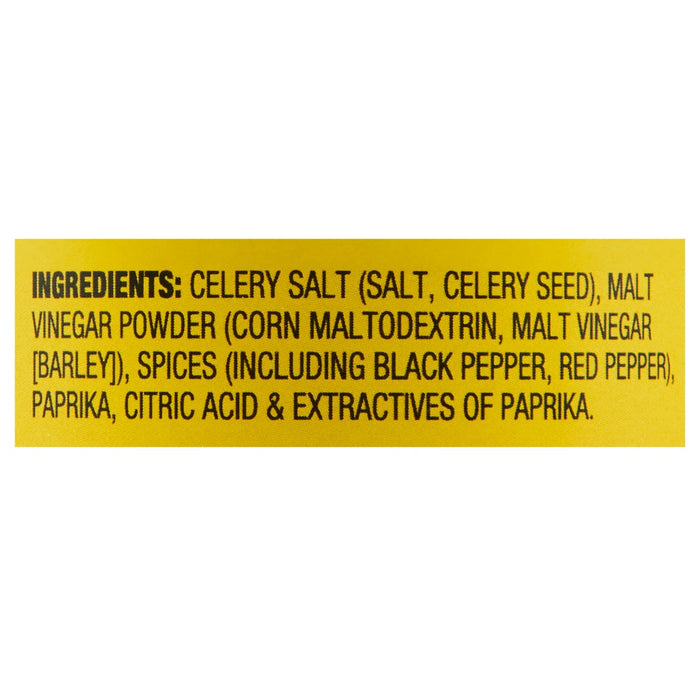 A list of ingredients for a product including celery salt malt vinegar powder spices and paprika.
