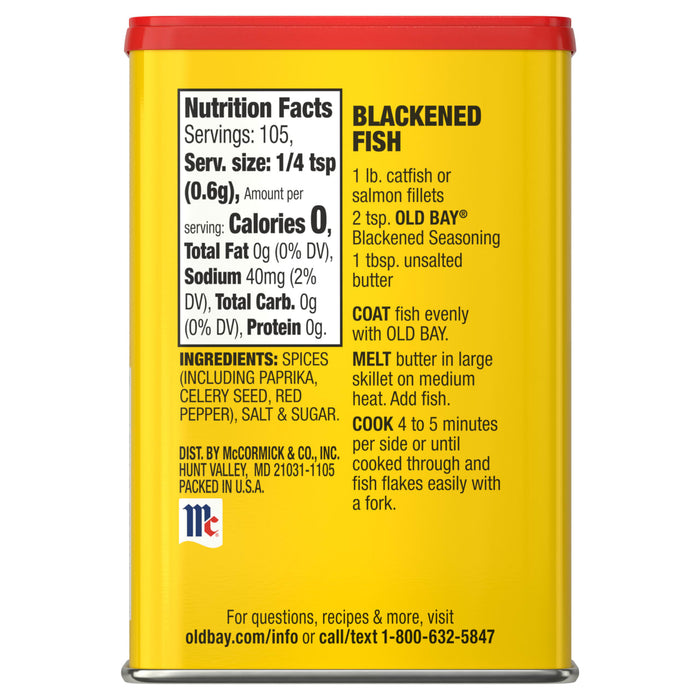 A container of McCormick Blackened Seasoning with nutrition facts and a recipe for blackened fish.