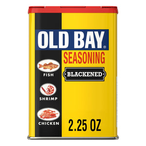 A container of Old Bay Blackened Seasoning, a spice blend for fish, shrimp, and chicken.