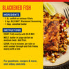 A recipe card for Blackened Fish featuring OLD BAY Madnezz Seasoning, with a photo of the finished dish.
