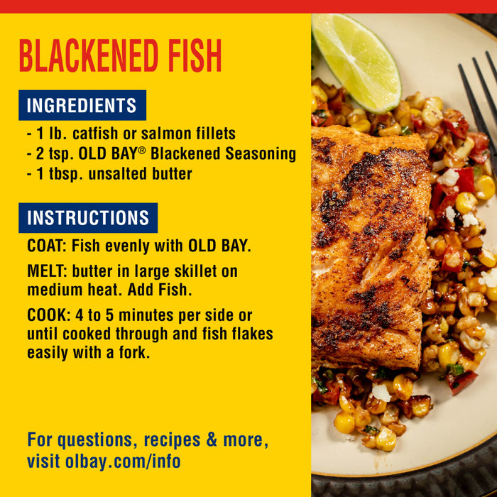 A recipe card for Blackened Fish featuring OLD BAY Madnezz Seasoning, with a photo of the finished dish.
