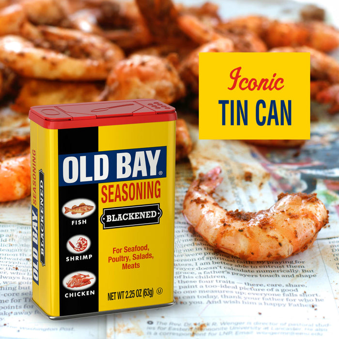 A can of Old Bay Seasoning is displayed with seasoned shrimp, highlighting its use for seafood.