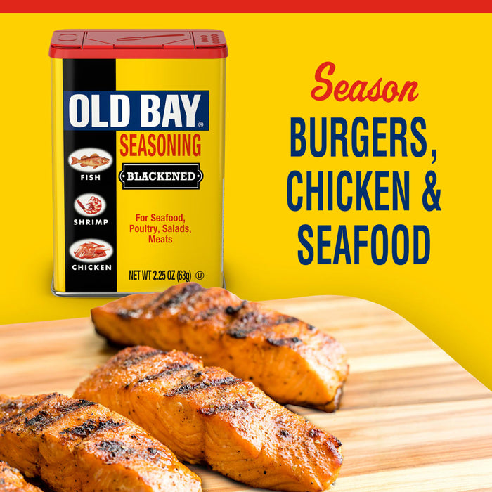 Old Bay Seasoning is shown with grilled salmon, suggesting it can season burgers, chicken, and seafood.