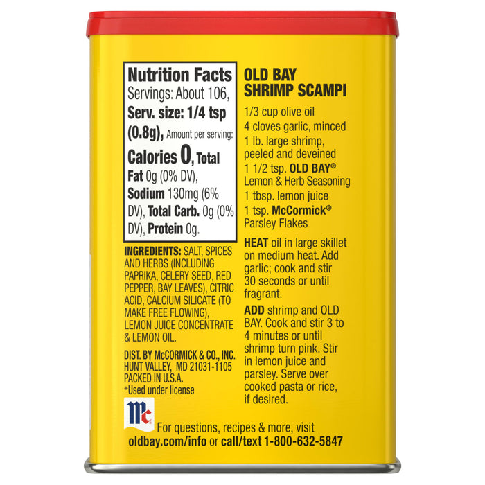 A can of Old Bay Shrimp Seasoning with nutrition facts and a shrimp recipe.