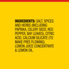 The image shows the ingredient list for a product, including salt, spices, herbs, paprika, celery seed, red pepper, bay leaves, citric acid, calcium silicate, lemon juice concentrate, and lemon oil.