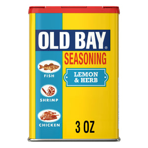 A container of Old Bay Lemon &amp; Herb Seasoning, a blend for fish, shrimp, and chicken.
