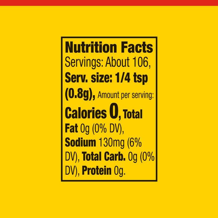 Nutrition facts label showing that a 1 4 teaspoon serving contains 0 calories, 0g of fat, 130mg of sodium, 0g of carbohydrates, and 0g of protein.
