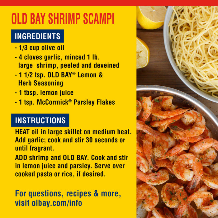 Recipe for Old Bay Shrimp Scampi with ingredients and instructions listed.