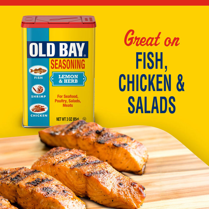 A can of Old Bay Seasoning is displayed next to grilled salmon, highlighting its versatility for fish, chicken, and salads.