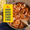 This image promotes a product for shrimp kabobs, shrimp scampi, and more, featuring a pan of cooked shrimp and a side of pasta.