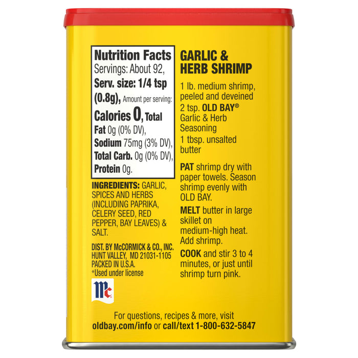 McCormick Garlic &amp; Herb Shrimp seasoning container with nutrition facts and recipe instructions.