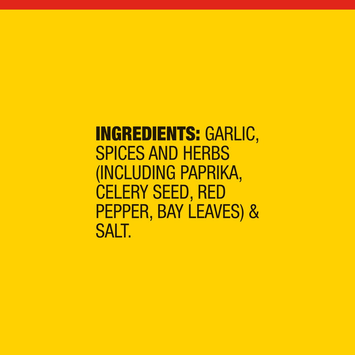 The image shows a list of ingredients including garlic, spices, herbs, paprika, celery seed, red pepper, bay leaves, and salt.