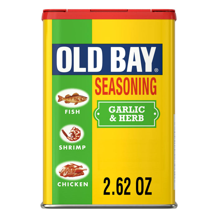 A can of Old Bay Garlic &amp; Herb Seasoning, ideal for fish, shrimp, and chicken.