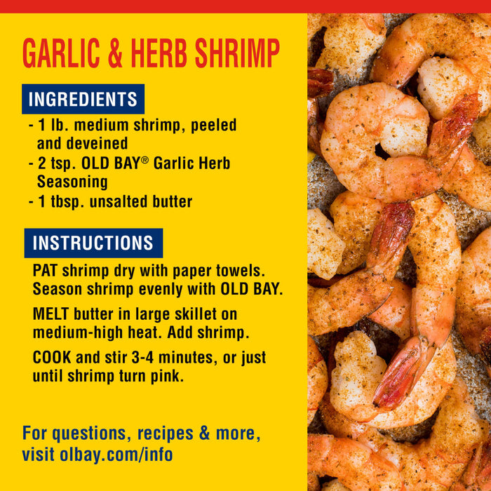 Recipe card for Garlic &amp; Herb Shrimp featuring OLD BAY Garlic &amp; Herb Seasoning.