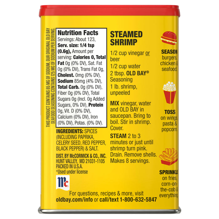 A can of McCormick's Seafood Seasoning with nutrition facts, ingredients, and recipe instructions.