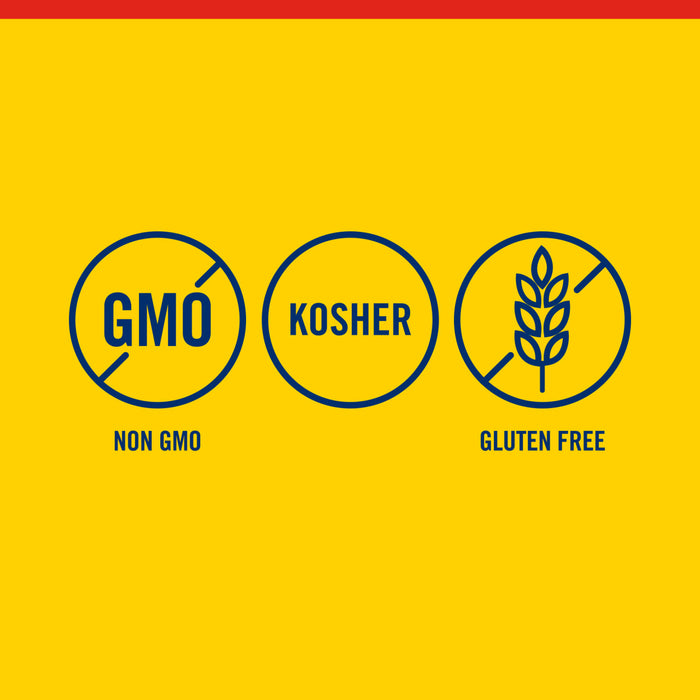 The image displays three circular icons indicating the product is Non-GMO, Kosher, and Gluten-Free.