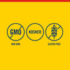 The image displays three circular icons indicating the product is Non-GMO, Kosher, and Gluten-Free.