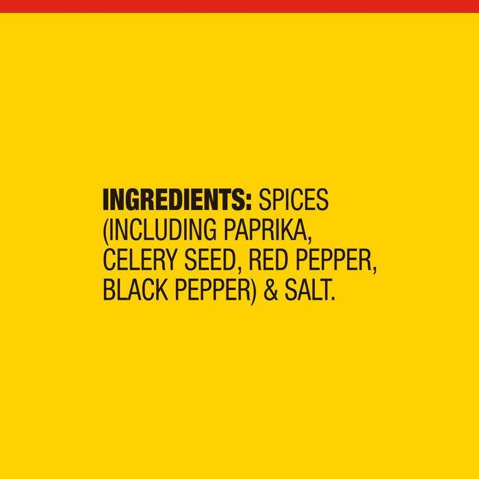The image shows the ingredient list for a spice blend, including paprika, celery seed, red pepper, black pepper, and salt.