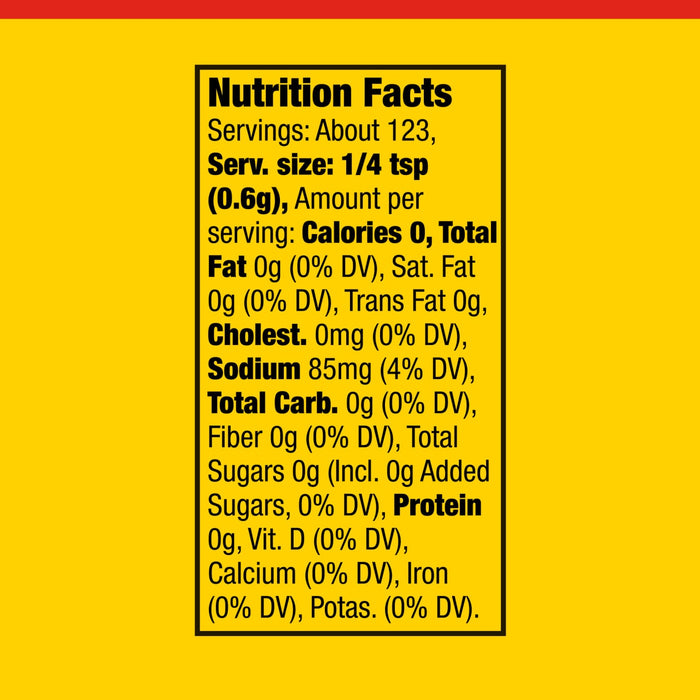 Nutrition facts label showing that the product contains about 123 servings, with a serving size of 1/4 tsp.