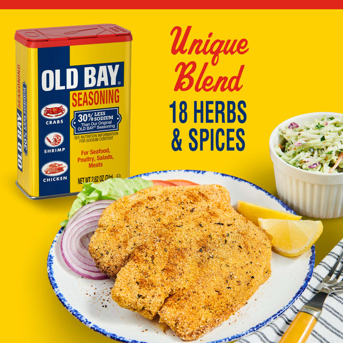 A plate of fried fish seasoned with Old Bay Seasoning, highlighting its unique blend of 18 herbs and spices.