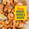 Seasoning blend for burgers, chicken, and seafood is displayed over a background of seasoned shrimp.