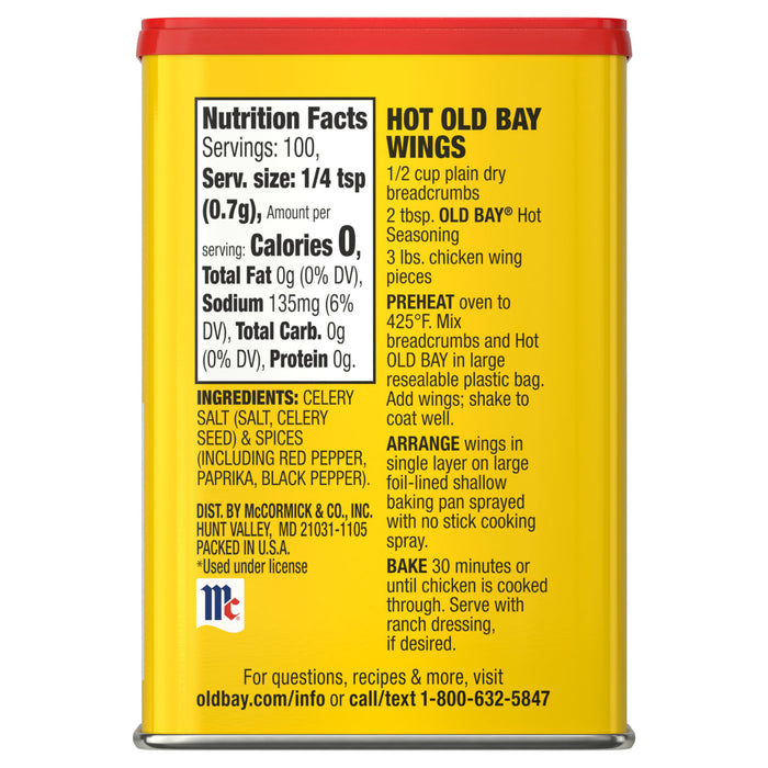 A can of McCormick Hot Old Bay Wings seasoning with nutrition facts and recipe instructions.