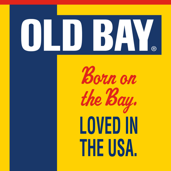 The Old Bay logo features the brand name in white on a blue rectangle, with the tagline Born on the Bay, Loved in the USA in red on a yellow background.