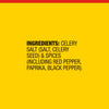 The image shows the ingredient list for a product, which includes celery, salt, celery seed, and spices like red pepper, paprika, and black pepper.