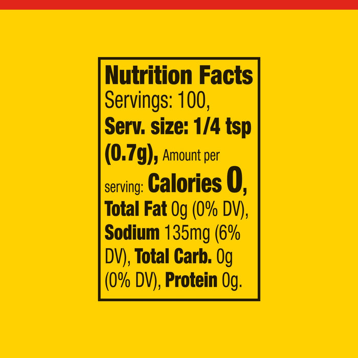 The image shows a nutrition facts label with 100 servings per container and a serving size of 1/4 tsp (0.7g), with 0 calories, 0g total fat, 135mg sodium, 0g total carbohydrates, and 0g protein per serving.