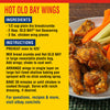 A recipe card for Hot Old Bay Wings with a photo of the finished dish.