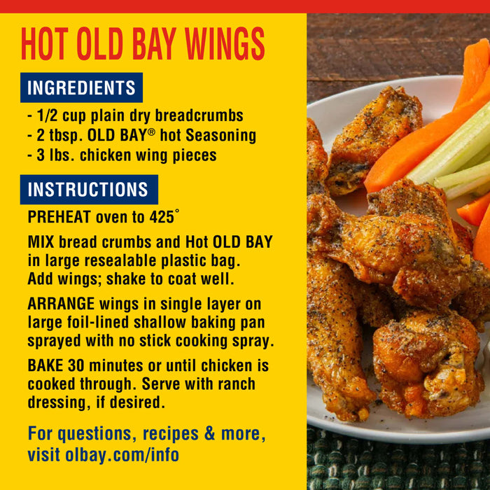 A recipe card for Hot Old Bay Wings with a photo of the finished dish.