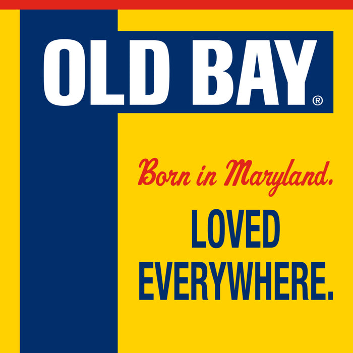 A marketing graphic for Old Bay Old Bay Seasoning, 16.0 Oz, features the brand's iconic logo and the tagline Born in Maryland, LOVED EVERYWHERE against a bold red, yellow, and blue background.