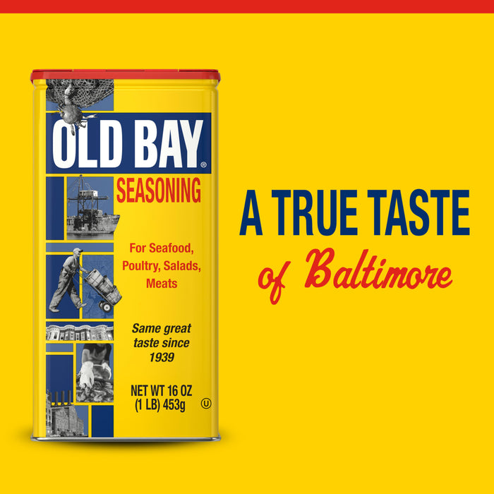 A can of Old Bay Old Bay Seasoning, 16.0 Oz, is shown against a yellow background with the text A TRUE TASTE of Baltimore next to it.