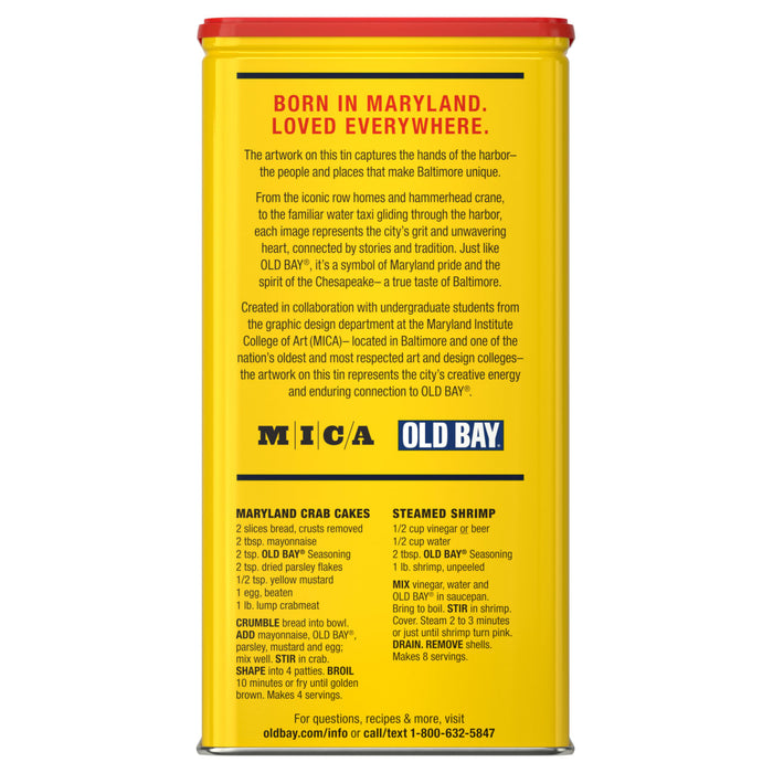 The back of a yellow tin of Old Bay, 16.0 Oz seasoning features recipes for crab cakes and steamed shrimp, alongside text describing its Maryland heritage.