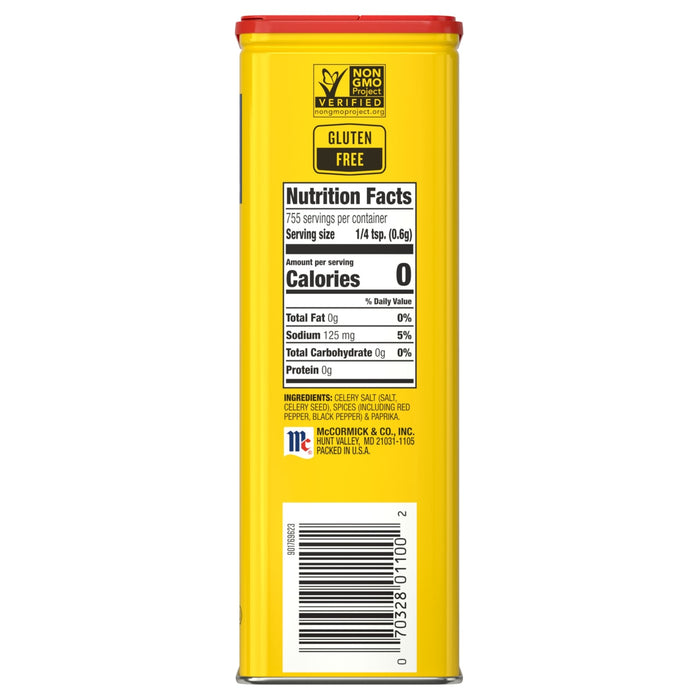 The back of a yellow container of Old Bay, 16.0 Oz, showing the nutrition facts, ingredients, and the McCormick logo.
