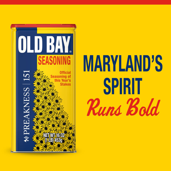 This Old Bay Preakness Infographics advertisement features a special edition can of Old Bay Seasoning for the 151st Preakness, decorated with Black-Eyed Susans, alongside the slogan MARYLAND'S SPIRIT Runs Bold.