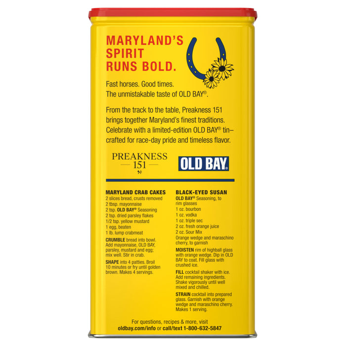 The back of an Old Bay Seasoning Tin D Oz Preakness Original features recipes for Maryland Crab Cakes and a Black-Eyed Susan cocktail.