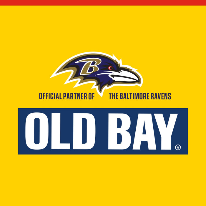 A graphic illustration featuring the Baltimore Ravens logo and the Old Bay logo on a yellow background to announce that Old Bay Black Bird Seasoning, 6.5 Oz is an official partner of the team.