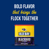 A promotional graphic for the Baltimore Ravens featuring a tin of Old Bay Black Bird Seasoning, 6.5 Oz against a blue background with the text Bold Flavor that brings the FLOCK TOGETHER.