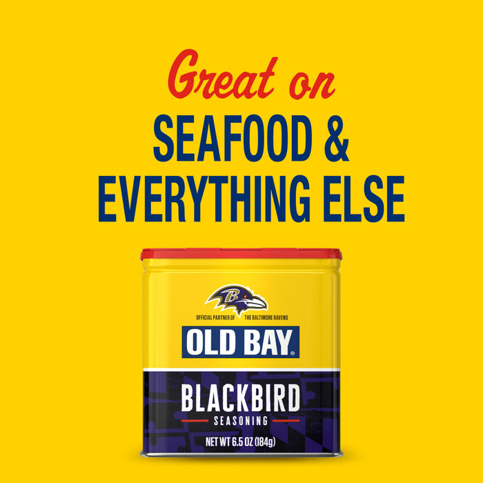 A promotional graphic for Old Bay Black Bird Seasoning, 6.5 Oz features the Baltimore Ravens logo and the slogan Great on SEAFOOD and EVERYTHING ELSE against a bright yellow background.