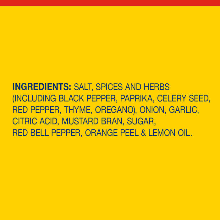 A list of ingredients for Old Bay Black Bird Seasoning, 6.5 Oz is displayed in blue text against a solid yellow background.